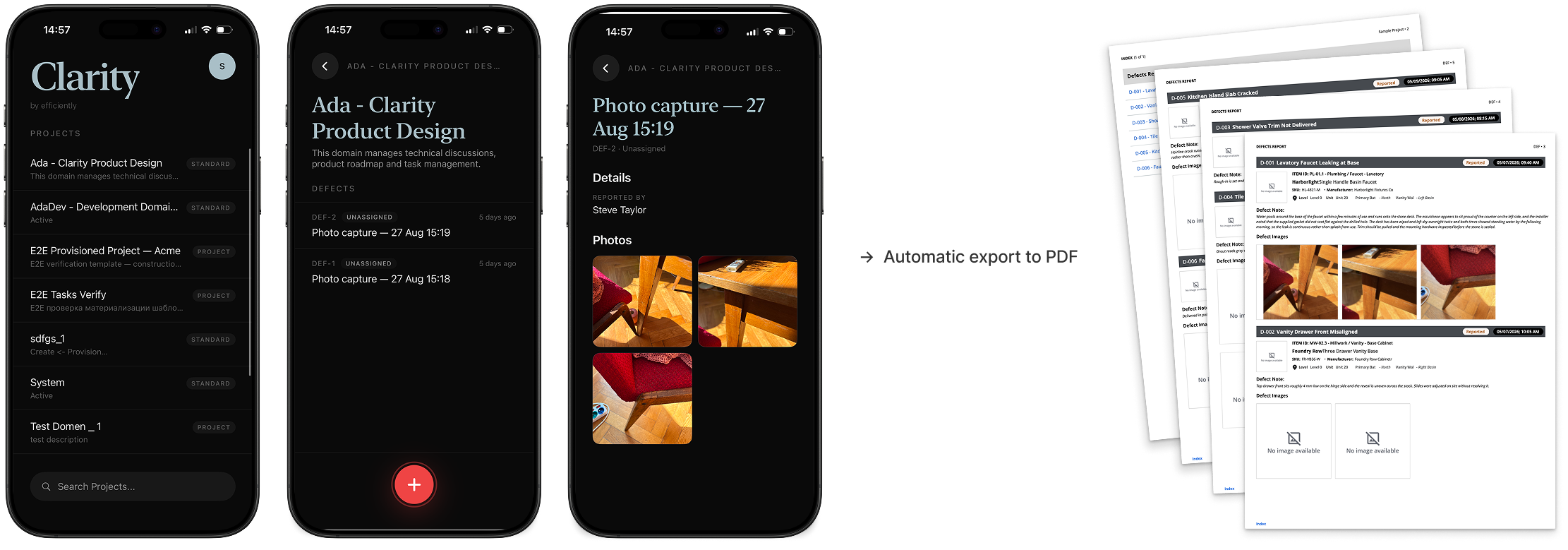 Clarity mobile capture flow, automatically exported to a defects PDF report