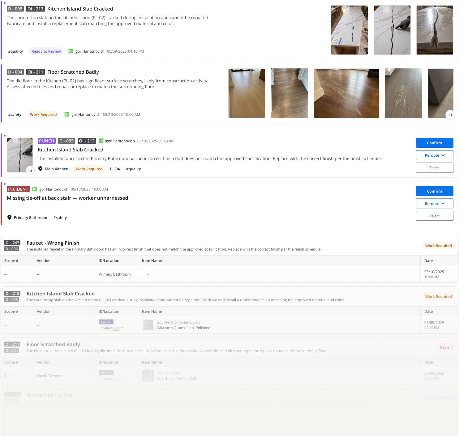 Site / Punch: defect register cards, punch review actions and status comparison table