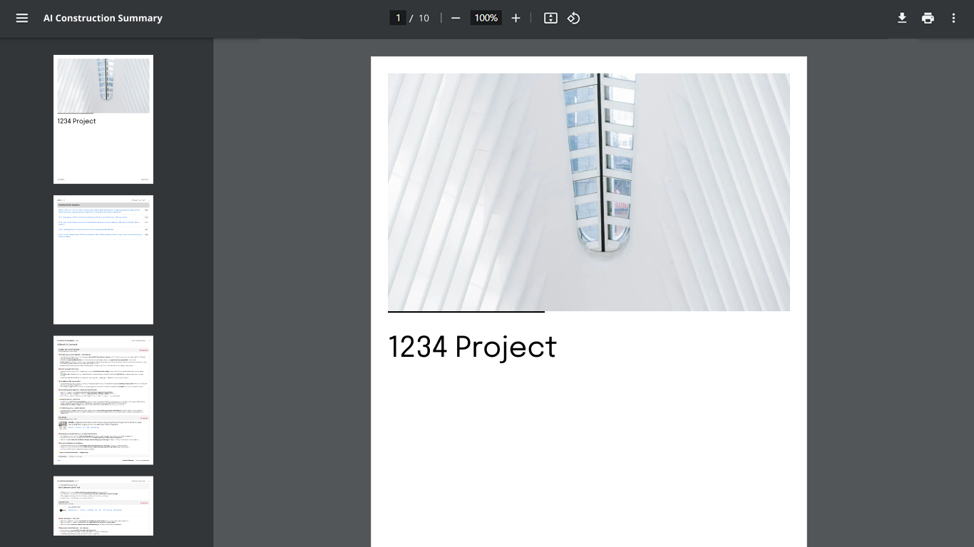 Generated AI Construction Summary PDF opened in the viewer
