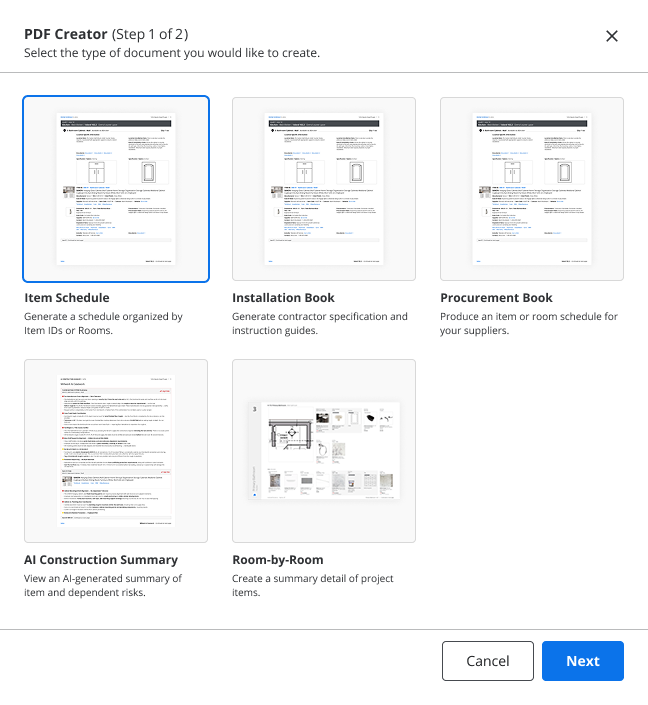 PDF Creator step 1, Item Schedule type selected