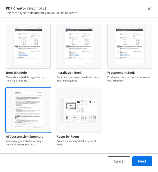 PDF Creator step 1, AI Construction Summary type selected