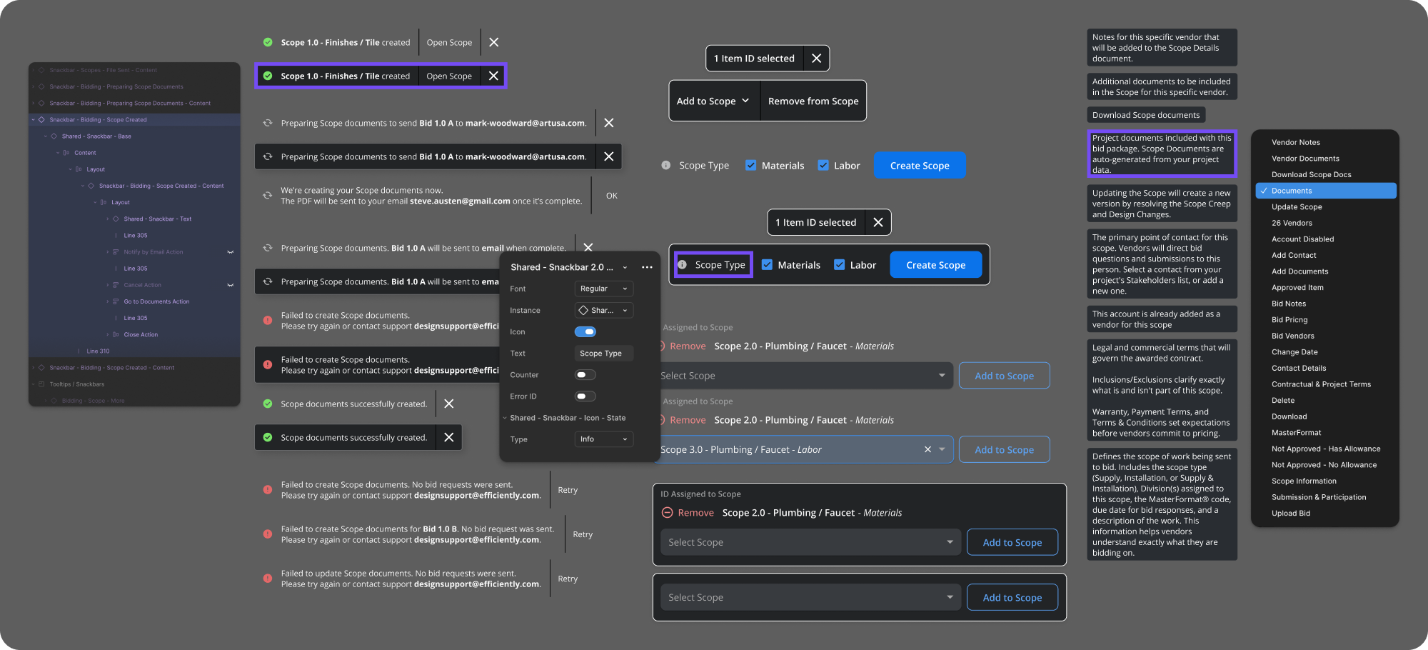 Snackbar builder: scope creation flow with component properties and states