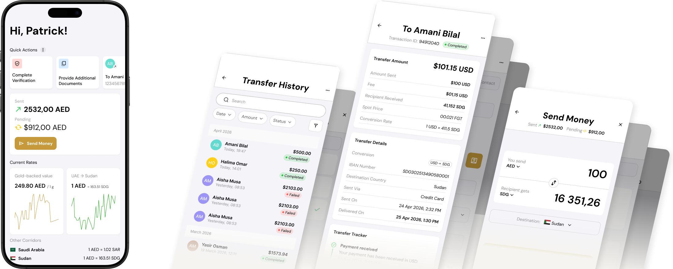 Freeni: key screens on device frames — onboarding, balance, send flow, confirmation