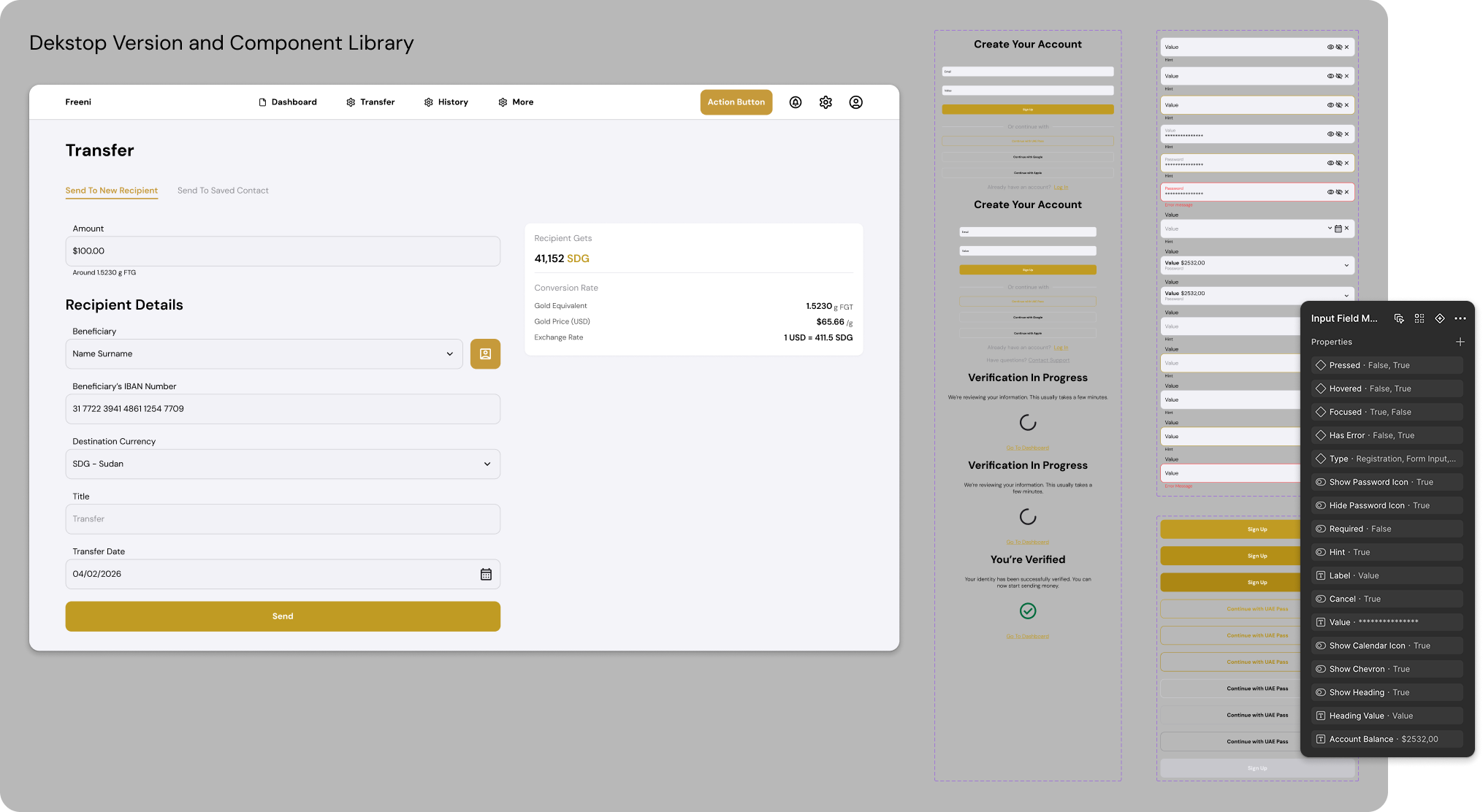 Freeni desktop version and component library: transfer screen, input field states and a component properties panel