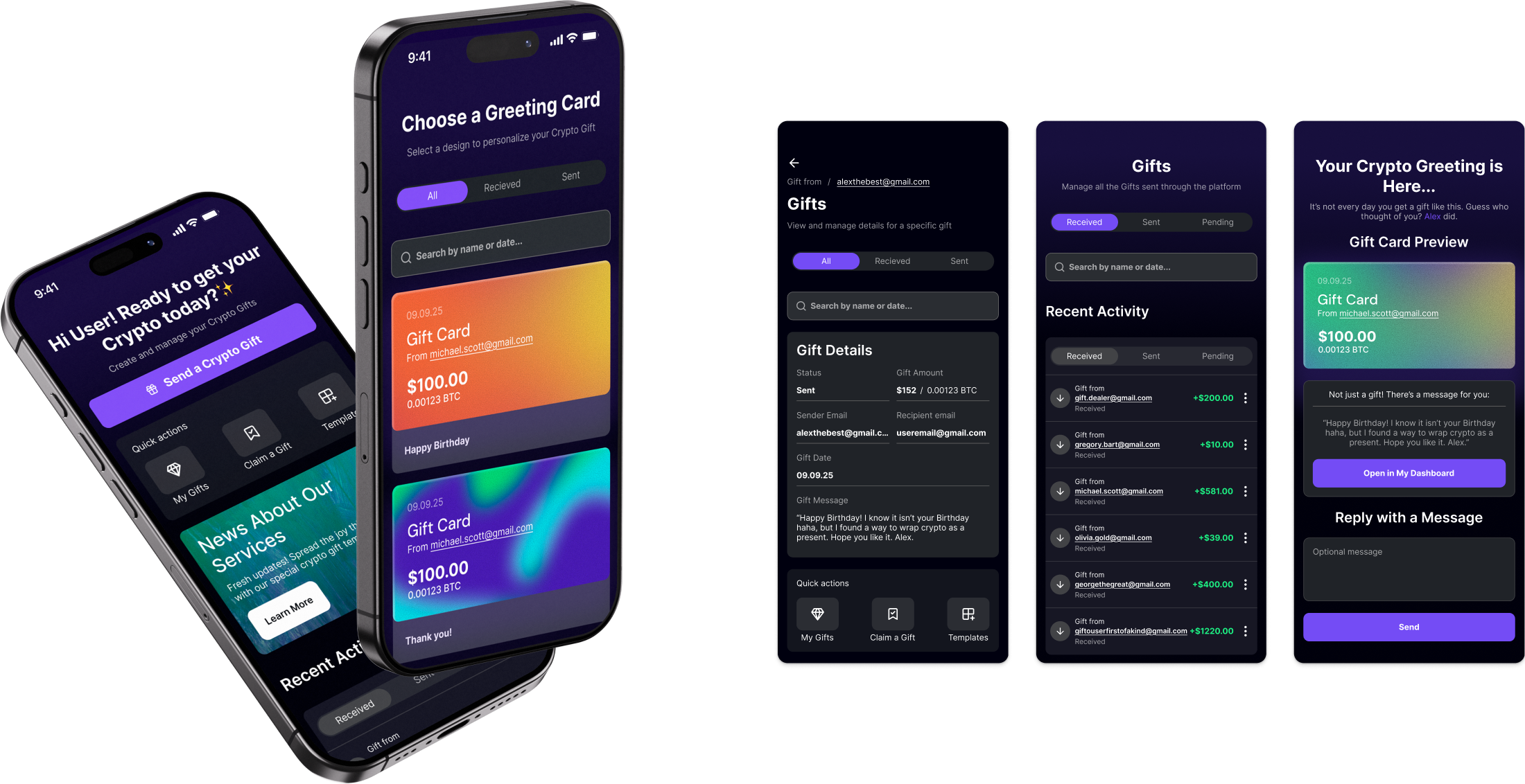 Gift Crypto: onboarding, gift management and recipient screens across mobile and web