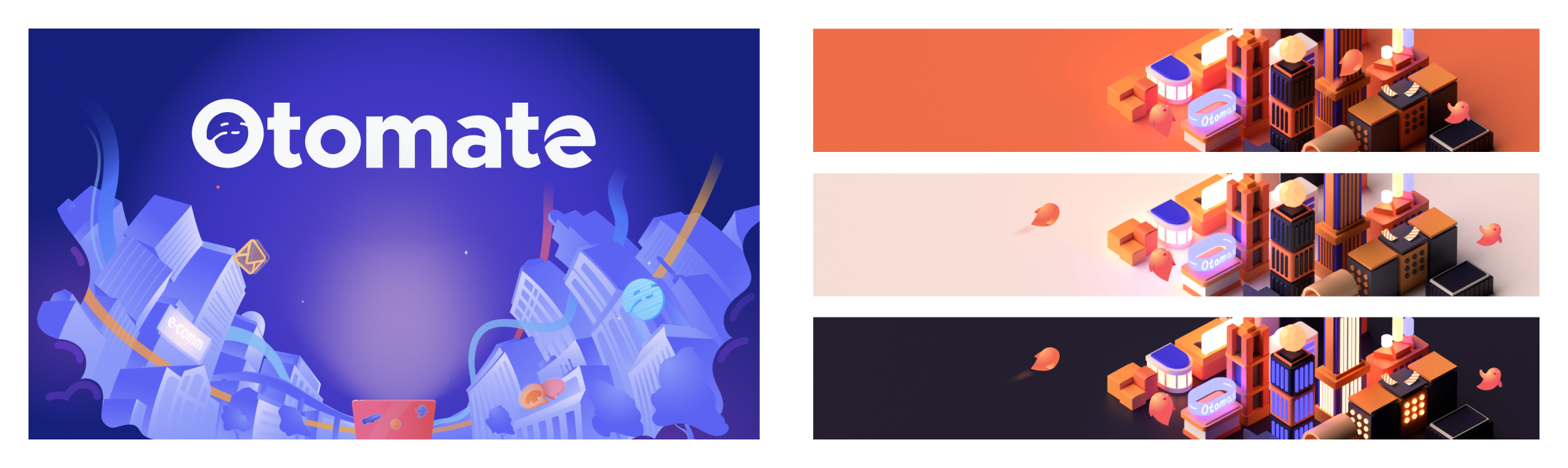 Otomate brand: logo lockup and banner set across dark, light and color backgrounds