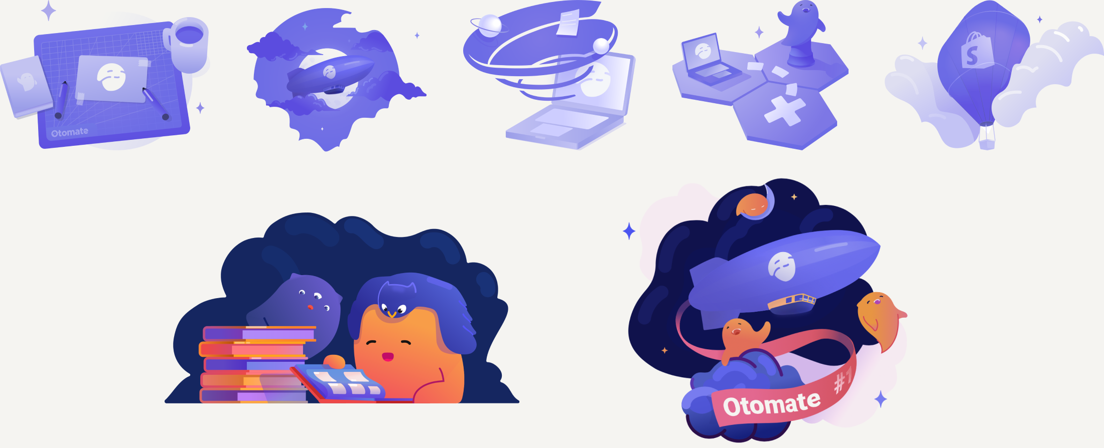 Otomate icon set and crafted illustrations